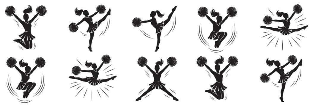 Dynamic black silhouette of energetic cheerleaders performing various jumps and splits holding pom-poms on transparent background