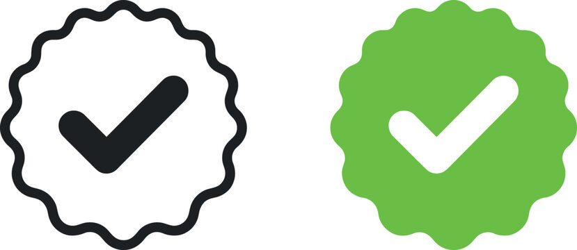 Black outline and green fill check mark stamp icons with wavy circular border shapes