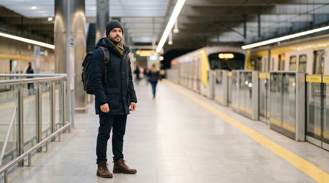 Homem jovem em esta&ccedil;&atilde;o de metr&ocirc; moderna durante manh&atilde; fria de inverno urbano, vestindo casaco pesado e mochila, estilo de vida contempor&acirc;neo