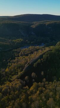 Vertical aerial footage captured by drone over the picturesque Shulgan-Tash Nature Reserve in Bashkortostan, Russia.