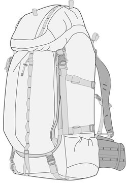 Trekking backpack CAD side view technical illustration