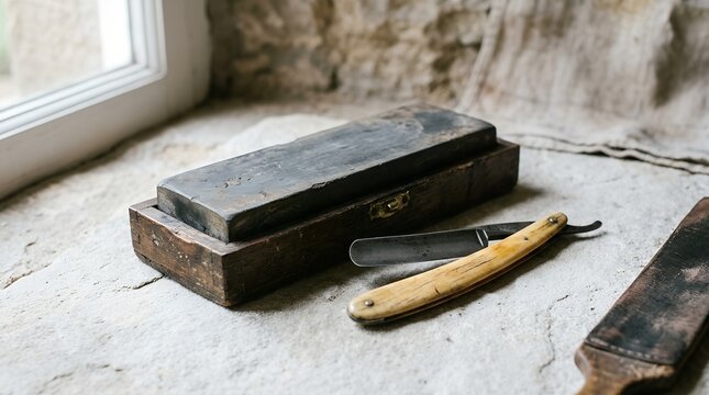 Old barber hone and straight razor by window | Rustic shaving sharpening tools with wooden box
Concept: heritage grooming tools, rustic barbershop still life, traditional blade maintenance