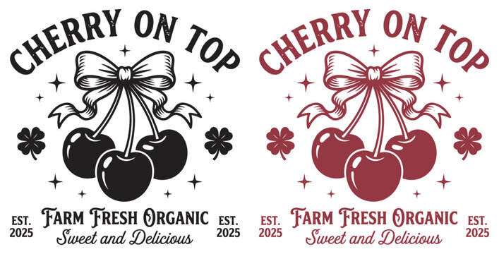 Vintage farm fresh organic sweet delicious cherries with ribbons and clovers on transparent background