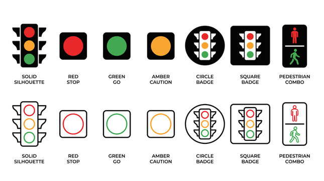 Traffic Signal Light Stop Go Icon Set Flat Vector Road Control Symbol Badge Navigation App UI Website EPS SVG