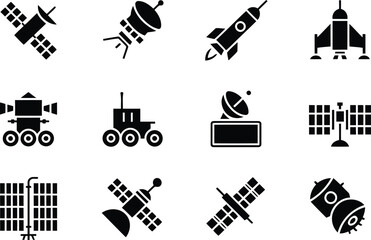 Fototapeta premium Set of black space icons featuring satellites rockets and moon rovers for technology design