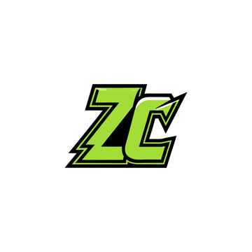 Sporty zc letter monogram mascot logo design for team branding in lime green with monogram, branding