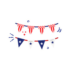 Obraz premium Red white striped checkered pennants and blue white star bunting perfect for decorating parties and celebrations, creating a joyful atmosphere.