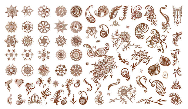 Set of Hand-Drawn Henna Mehndi Elements for Decorative Patterns
