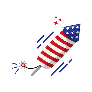Illustrate vibrant american flag firework rocket for independence day celebrations, suitable for marketing materials, party invitations, or patriotic designs.