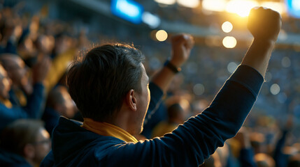 Fototapeta premium Faceless excited sports fan cheering passionately in a stadium, vibrant emotional energy, defocused stadium crowd in background, fan excitement concept photography, with copy space