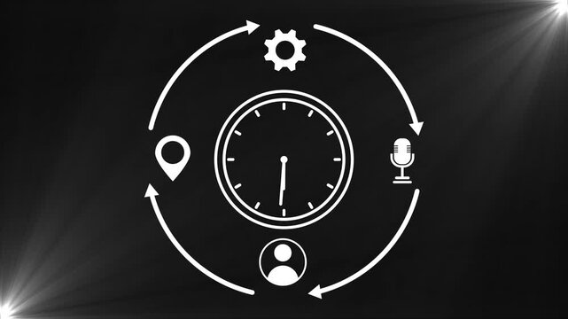 Animated white time management clock looping motion graphic, productivity work flow cycle process with business icons, schedule optimization overlay element on black background 4k video animation.