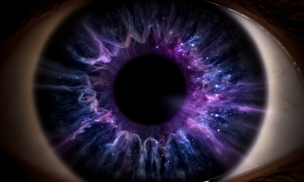 Close-up of a human eye with a vibrant galaxy and starry night sky within its iris, representing vision, imagination, and the universe.