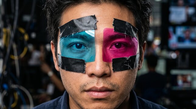 Retrato de un Hombre con filtro trasparente cian y magenta en sus ojos
