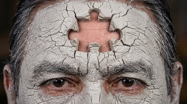 Hombre con rostro de arcilla y pieza de rompecabezas en su frente ausente