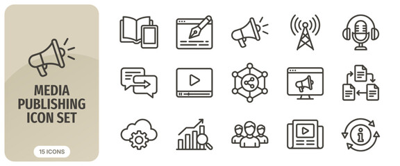 Fototapeta premium Media publishing icon set, digital marketing and content creation line icons, vector illustration