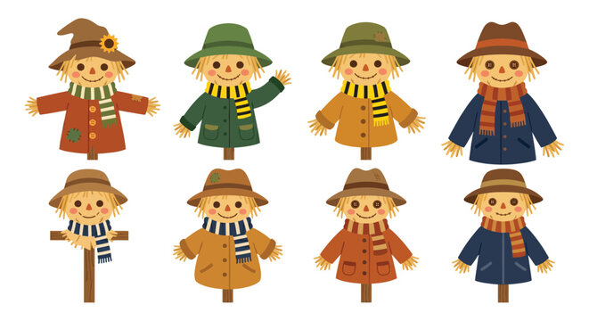 Assorted Scarecrows Flat Vector Illustration With Colorful Clothing