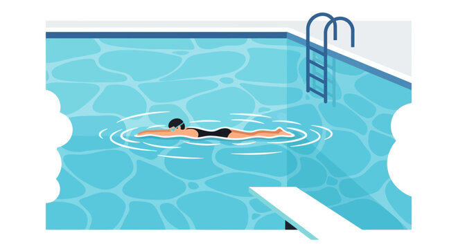 Minimalist Flat Vector Illustration of a Woman Swimming in a Blue Pool with Diving Board and Ladder - Fitness and Summer Leisure Concept