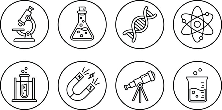 Science icons set, 8 lab and research symbols, black line illustrations, educational and laboratory use
