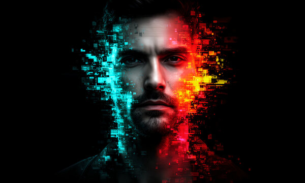 Conceptual image of a man's face splitting into vibrant digital particles with contrasting colors.