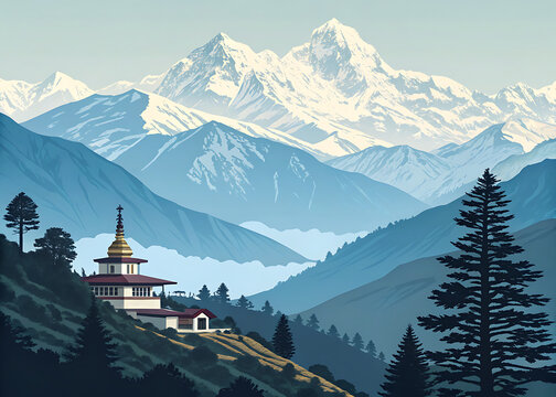Kangchenjunga Viewpoint, Sikkim, India, modern limited color vector illustration, snow-capped mountain panorama, geometric travel poster