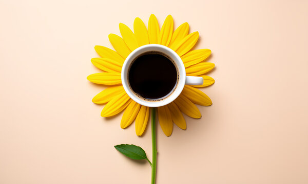 Creative flat lay composition with a white coffee cup at the center of a vibrant yellow sunflower on a light background.