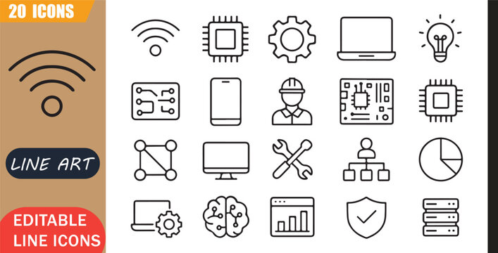 Technology industry icons set, 20 editable line art icons set, technology industry, engineering software, hardware development, digital computing, business innovation theme style, clean outline vector