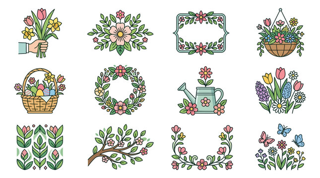 Elegant Spring Holiday Poster Design with Vibrant Flower Bouquet Arrangement and Decorative Floral Elements in Soft Pastel Tones for Seasonal Celebrations and Festive Home Decor