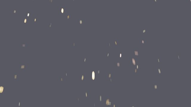 Sprinkling dispersed pale confetti pieces drifting downward across dark backdrop, after top burst