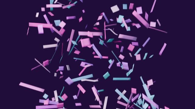 Streaming vertical column, emitter at top releasing pastel blocks down purple void, creating depth
