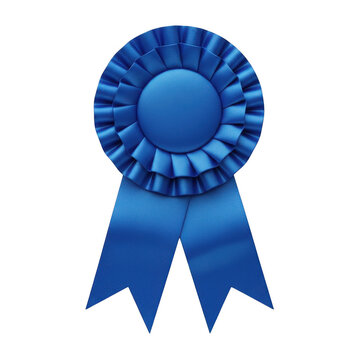 Blue ribbon rosette award badge for competition winners isolated on transparent background