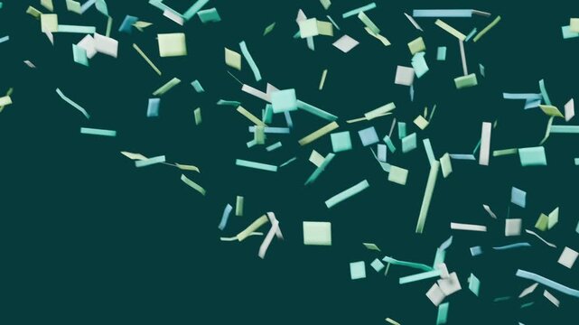 Entering from upper-right, pastel confetti cloud drifting across dark teal backdrop, forming field
