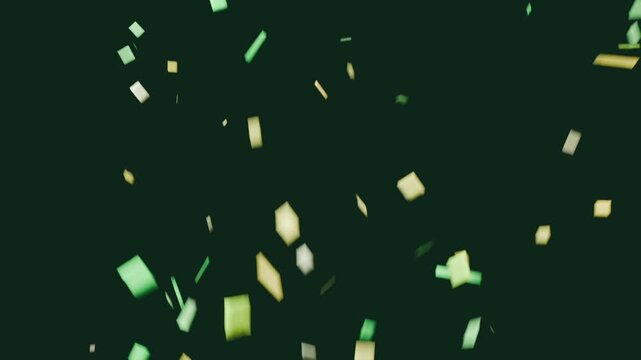 Falling rectangular confetti tumbling down dark green backdrop as pieces enter from above, rotating
