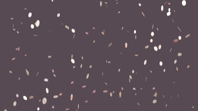 Sequence starting, pale discs, slivers drifting, rotating on muted purple backdrop forming clusters