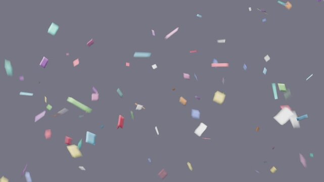 Bursting pastel confetti drifting, rotating over muted purple backdrop, with ribbons strips squares