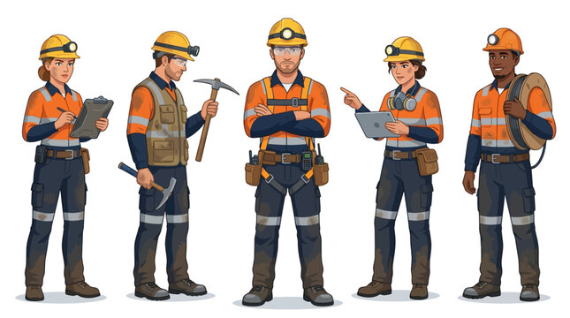 Five miners in safety gear standing.