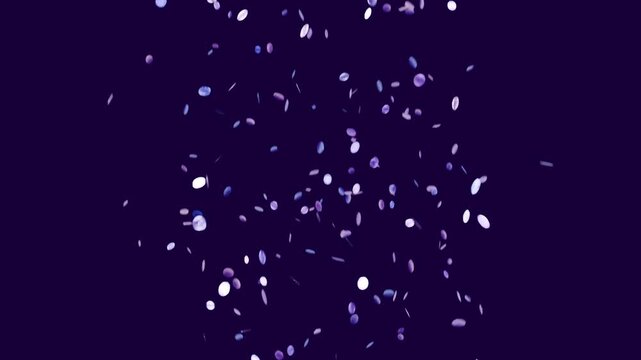 Falling column of discs and petal pieces clumping after left-edge light rising deep purple backdrop