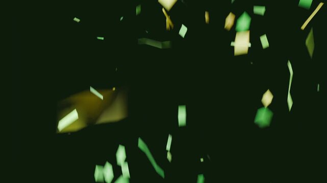 Falling confetti starting with few green yellow strips, multiplying and tumbling down on dark void
