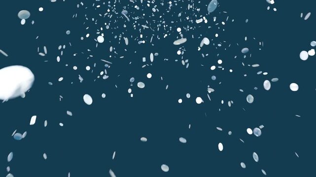 Forming white circular disc cloud falling across deep teal backdrop, translucent discs passing