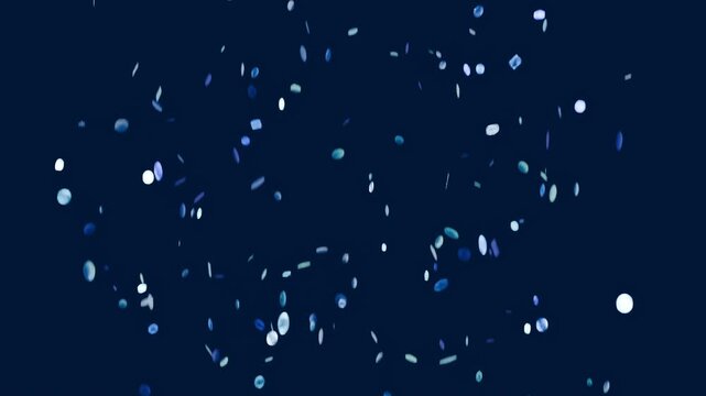 Drifting confetti discs, rectangles, flecks falling, rotating at navy backdrop, driven by gravity