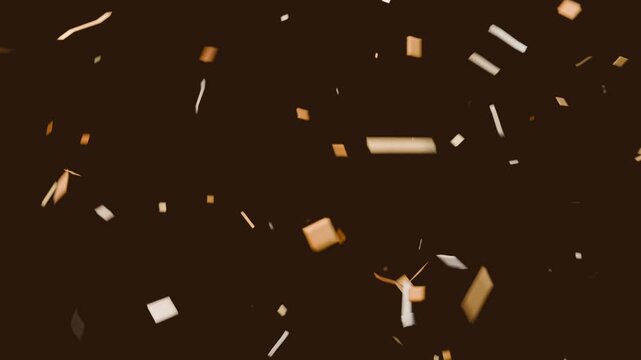 Shimmering confetti field expanding across dark brown backdrop, rotating gold copper silver pieces