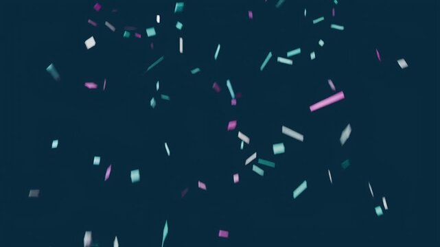 Bursting releasing strip and square confetti drifting, rotating over teal backdrop filling center
