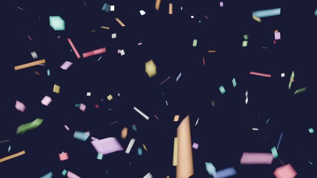 Scattering after initial burst confetti cloud sweeping across navy backdrop with pastel strips