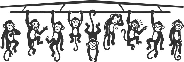 Group of monkey characters hanging from parallel bars in a gym setting for fitness and athletic themed vector design © Vecto_Pixels