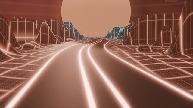 Playback starting, camera gliding forward along twin road past wireframe grid toward sun disk