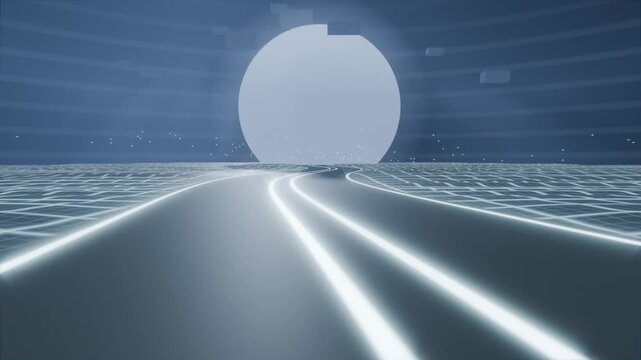 Shifting camera moving toward pale orb in domed arena, revealing 3-lane roadway, grid sparks