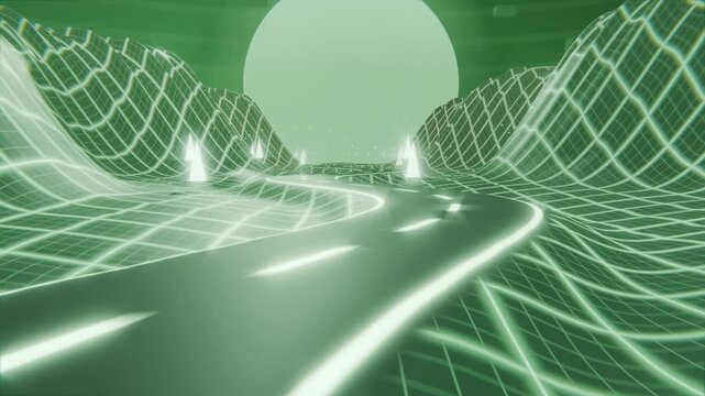 Camera starting forward showing curved road racing through neon grid toward orb with lane markers