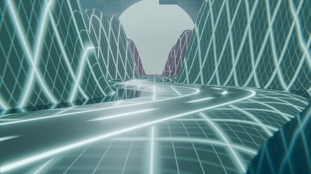 Dollying camera along neon road amid grid hills and pools, guiding toward pale aperture with orb