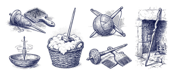 Spinning wool tools engraving set, vintage drop spindle and carder in rustic hand drawn sketch style. Set includes wooden yarn bowl, wicker basket, fiber combs, fireplace hearth, and textile crafts. © Dinali