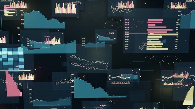 Receiving data feed, floating charts expanding on dark wall, teal areas, pink or yellow bars, % labe