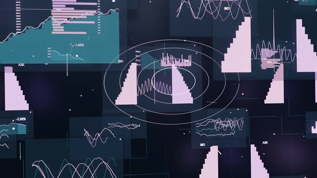 Animating data mosaic on wall display, frames advancing, rings focusing teal chart and pink blocks